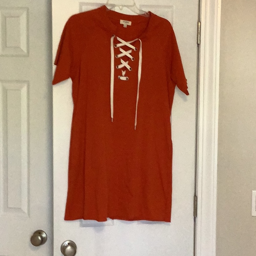 Umgee orange dress with white lace up, size S, with pockets